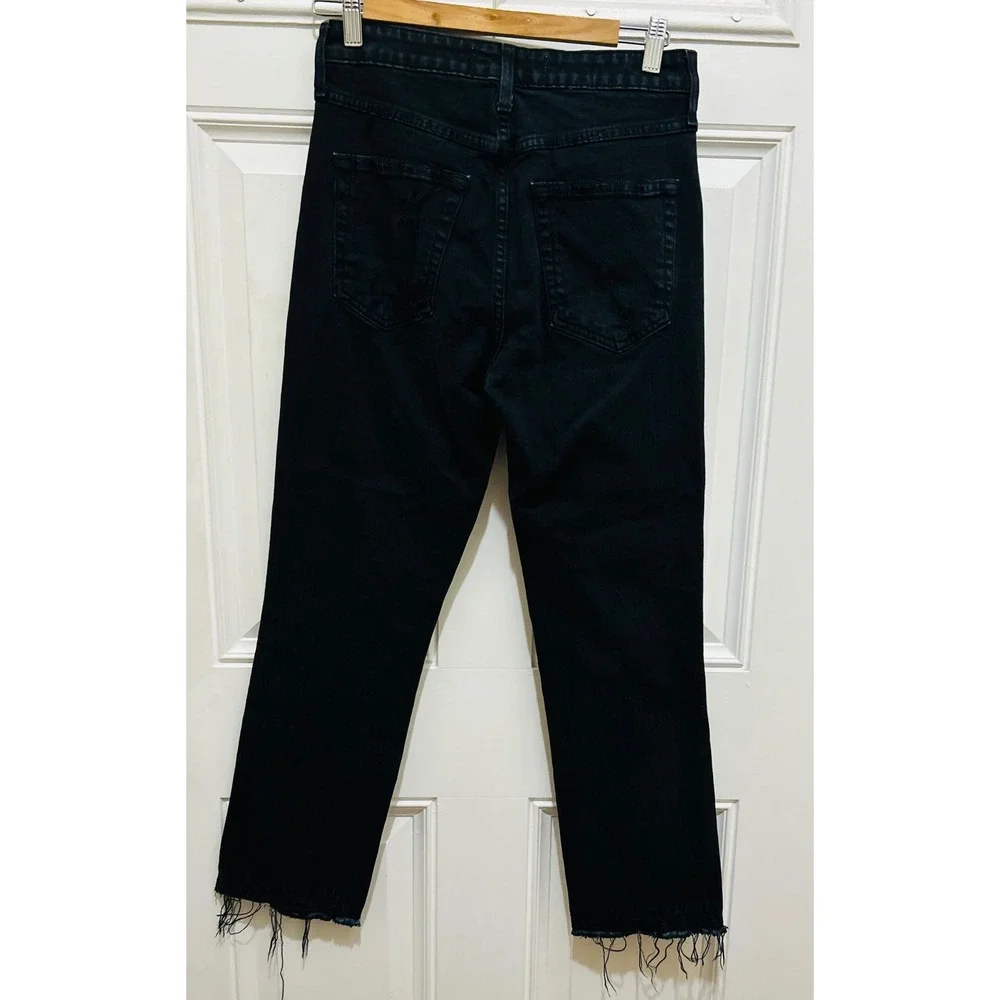 AMO Womens High Rise Straight Leg Crop Frayed Hem Black‎ Denim Jeans
